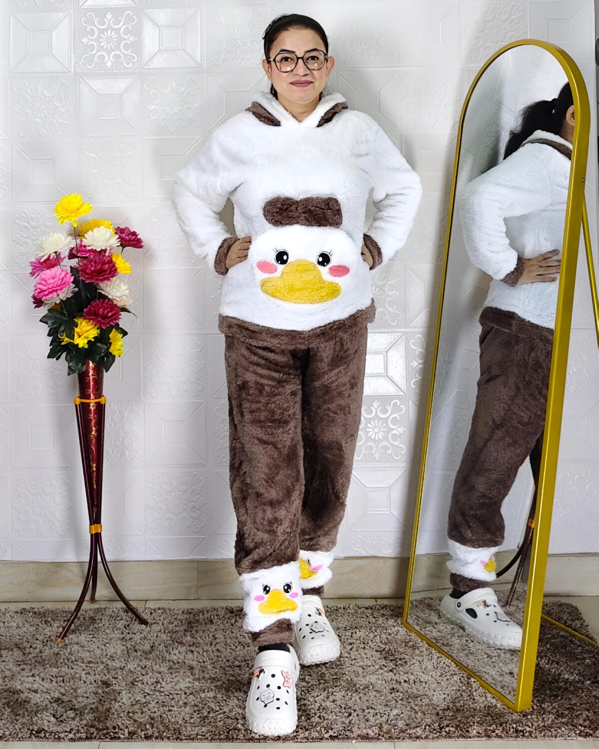 women wearing ultra-soft fleece winter co-ord set with hooded top and pants