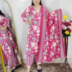 Pink Floral Printed Kurta Pant Dupatta Set for Women