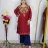 Women wearing embroidered pheran kurti winter ethnic wear long kurti with floral embroidery