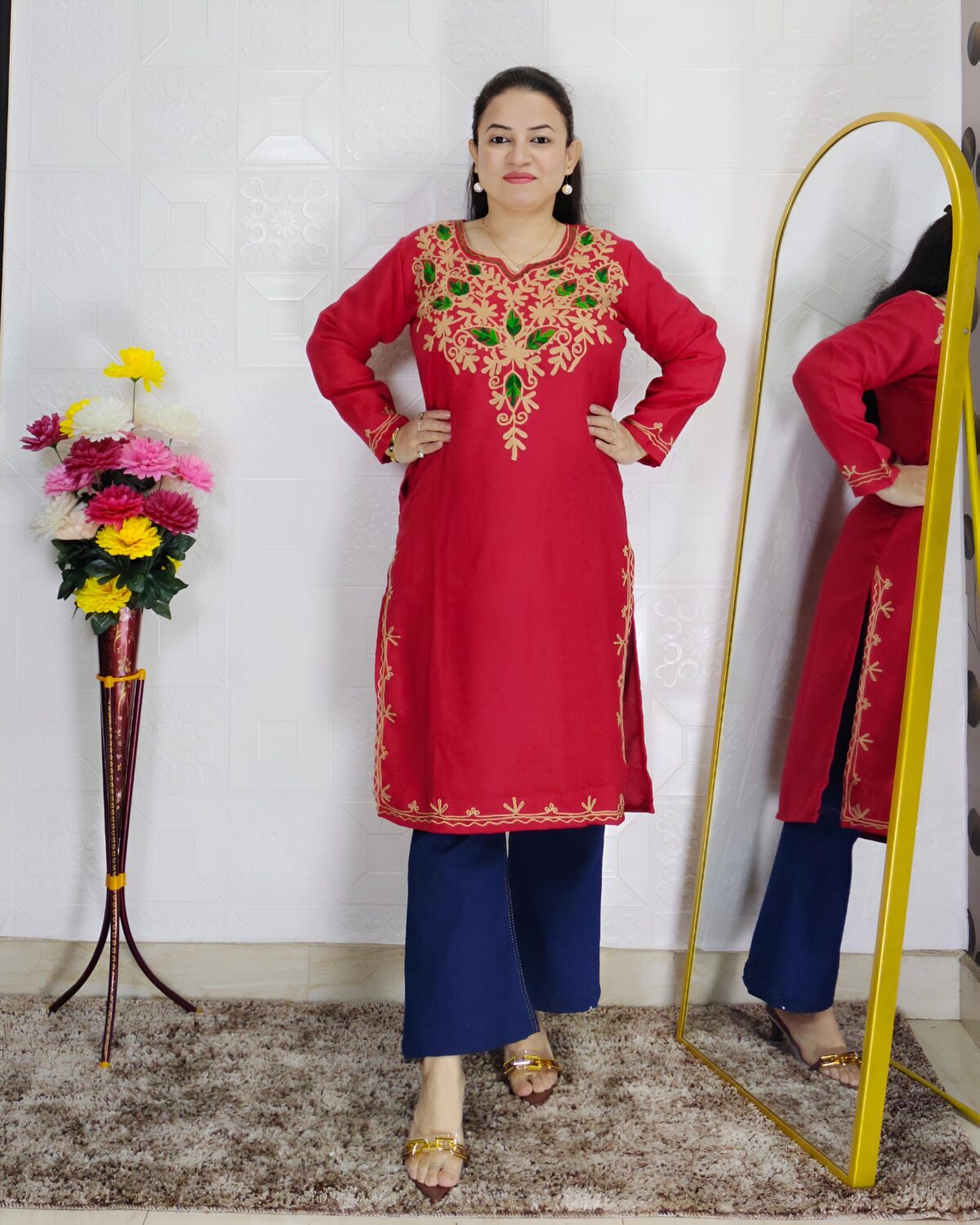 Women wearing embroidered pheran kurti winter ethnic wear long kurti with floral embroidery