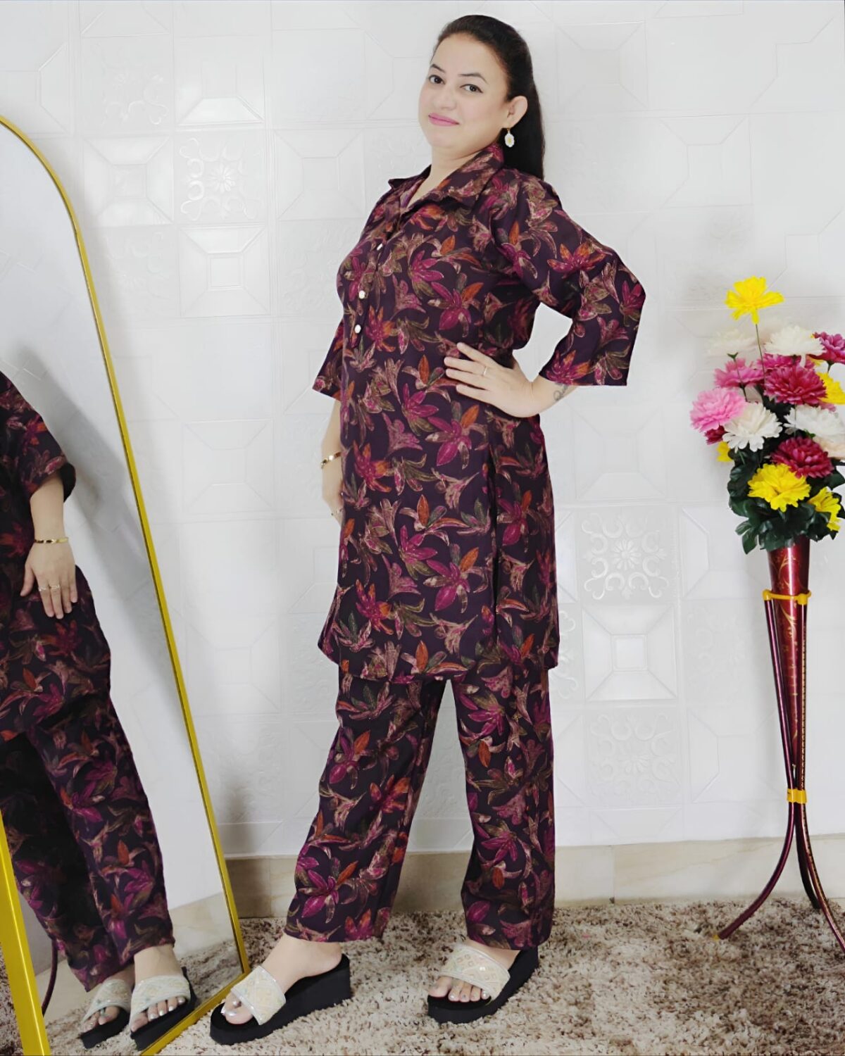 Elegant pashmina printed co-ord set for women with floral design winter wear two piece outfit