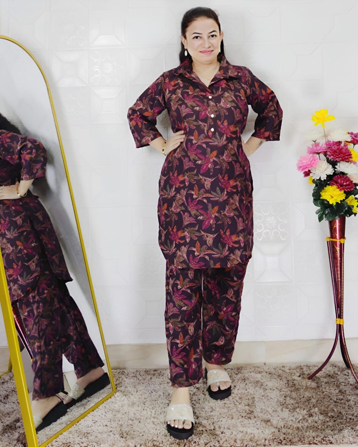 Elegant pashmina printed co-ord set for women with floral design winter wear two piece outfit