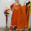 Women wearing orange Roman glass fabric embroidered kurta pant dupatta set ethnic wear suit