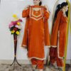 Women wearing orange Roman glass fabric embroidered kurta pant dupatta set ethnic wear suit