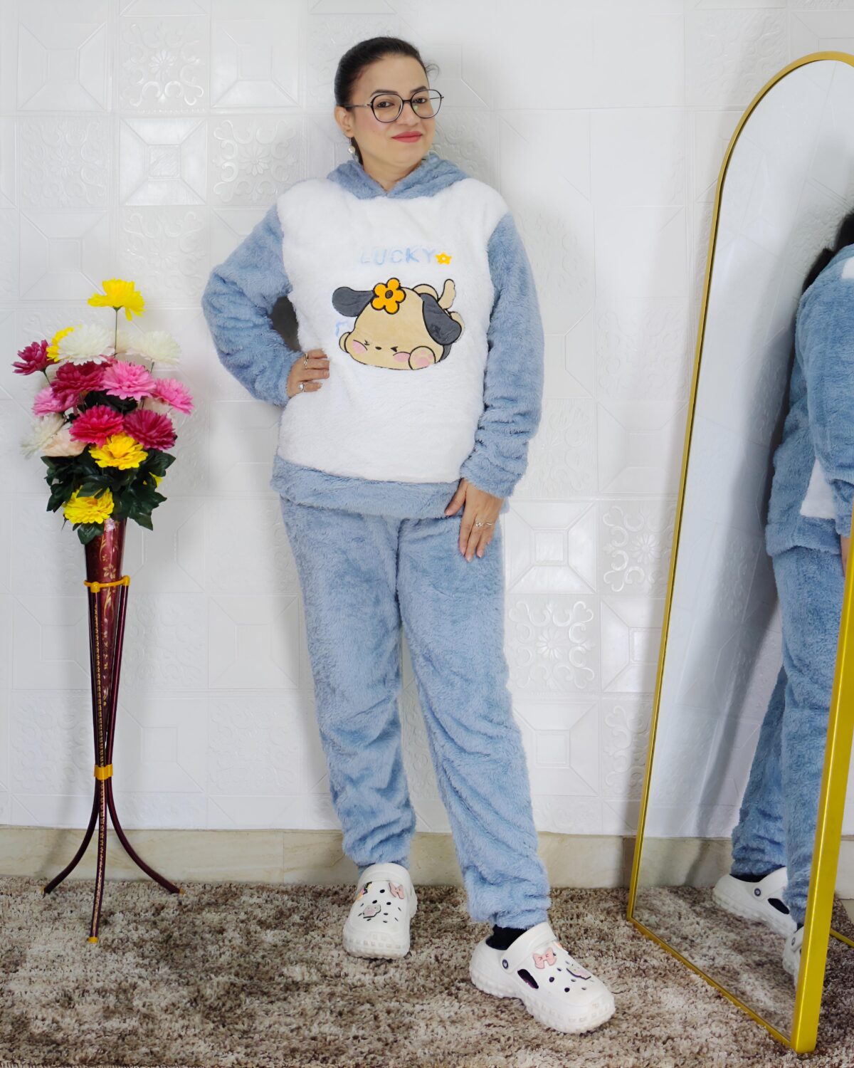 Super soft winter fleece co-ord set for women hoodie and pants cute cartoon print available in 5 colors