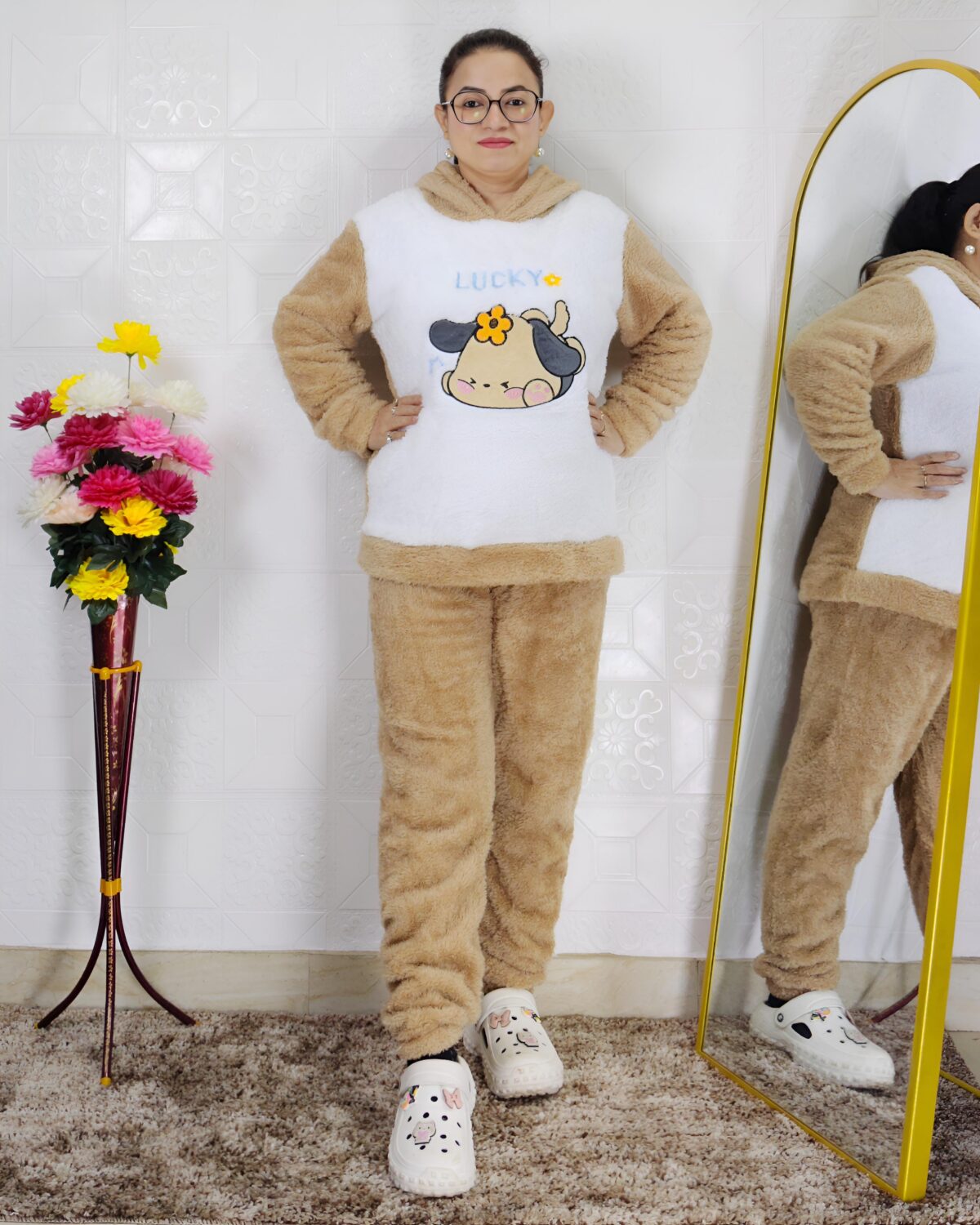 Super soft winter fleece co-ord set for women hoodie and pants cute cartoon print available in 5 colors