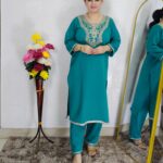 Women’s Woolen Embroidered Kurta Pant Set – Winter Ethnic Wear (Green)
