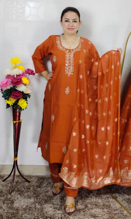 Elegant burlin silk embroidered suit set for women with dupatta in rust orange color ethnic wear