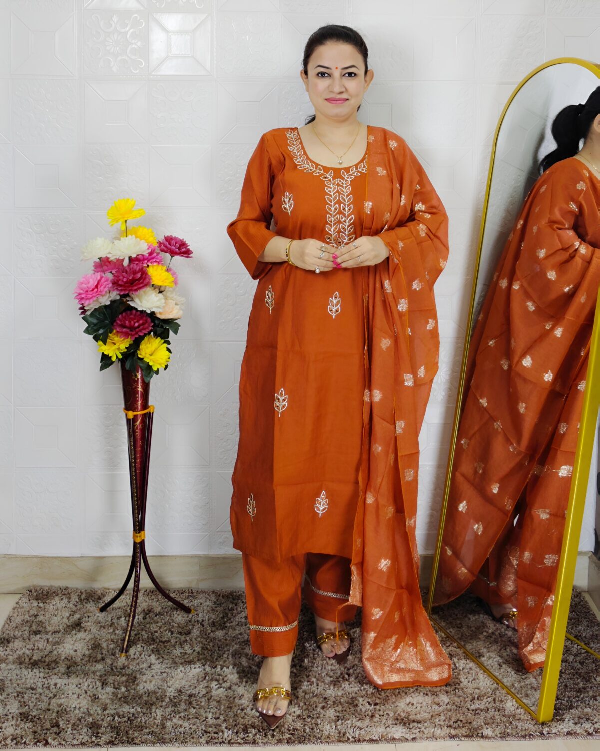 Elegant burlin silk embroidered suit set for women with dupatta in rust orange color ethnic wear