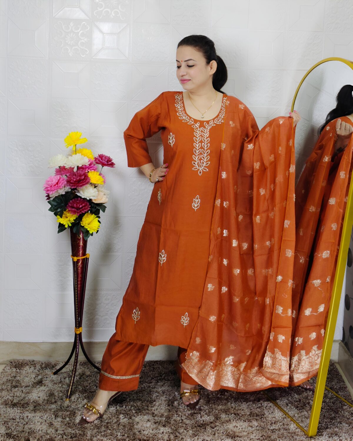 Elegant burlin silk embroidered suit set for women with dupatta in rust orange color ethnic wear