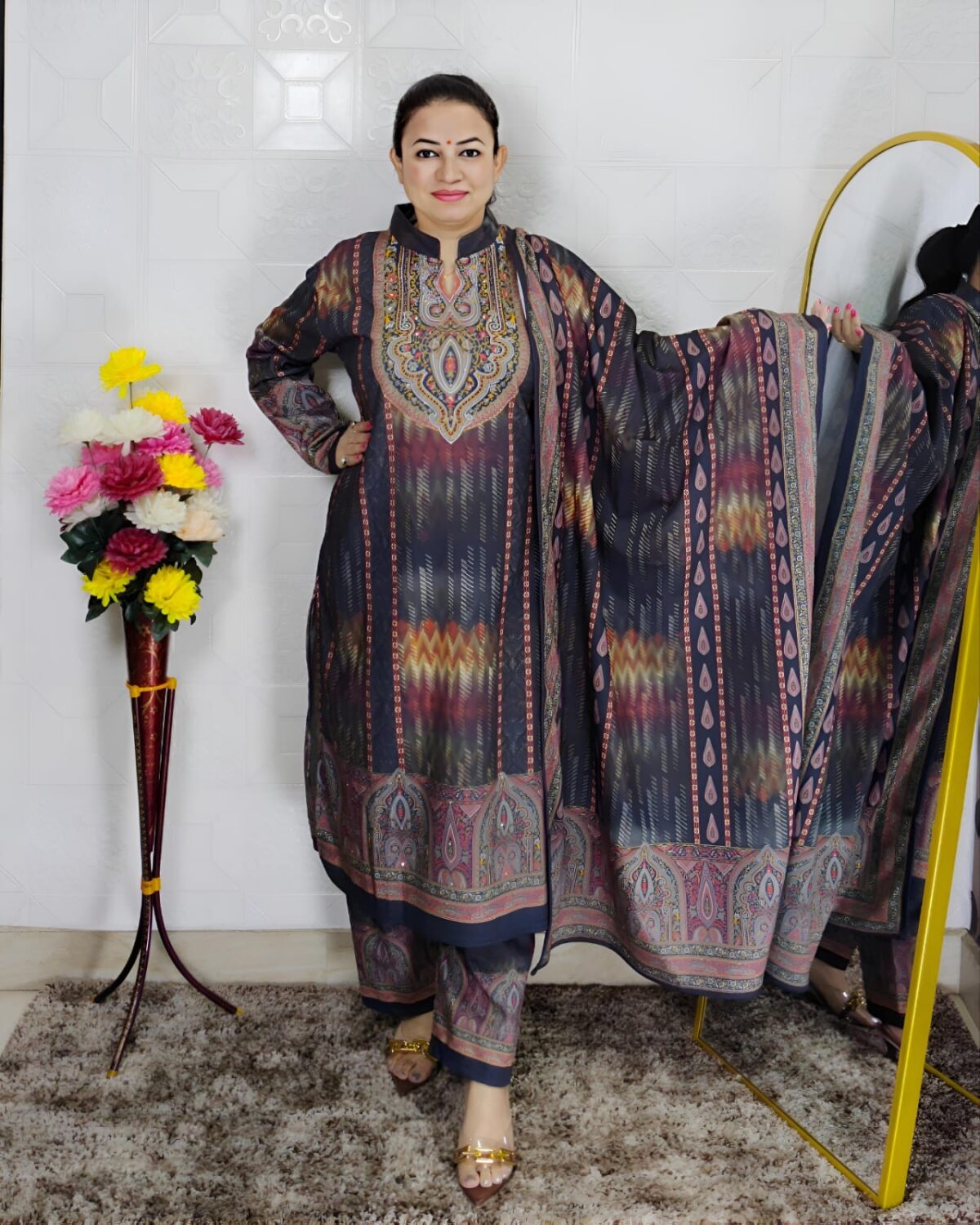 Elegant Karachi woolen printed suit set for women with dupatta – winter ethnic wear in brown floral design