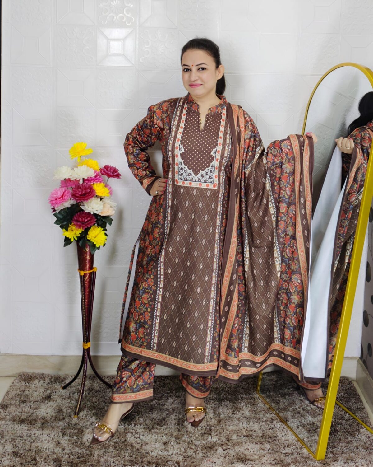 Elegant Karachi woolen printed suit set for women with dupatta – winter ethnic wear in brown floral design