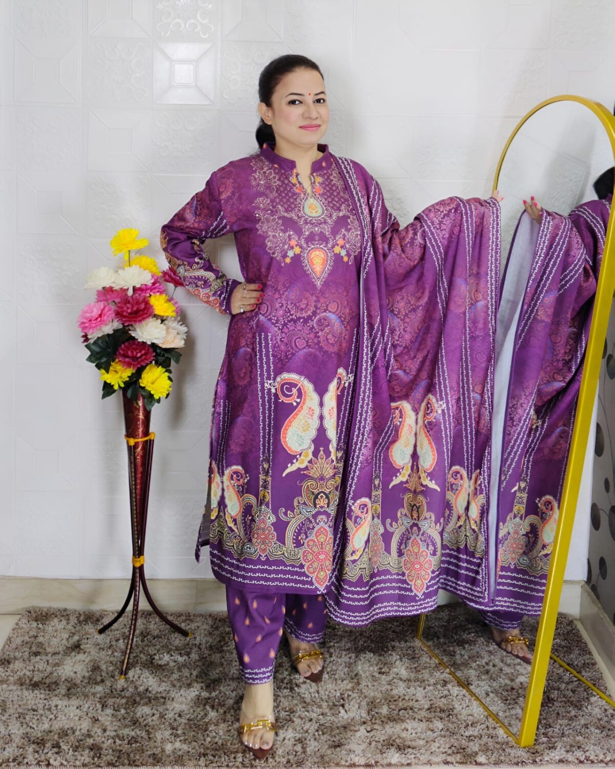 Elegant Karachi woolen printed suit set for women with dupatta – winter ethnic wear in brown floral design