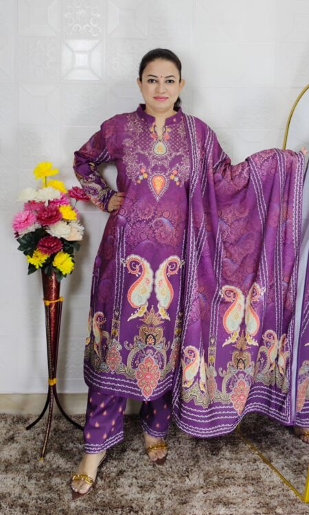 Elegant Karachi woolen printed suit set for women with dupatta – winter ethnic wear in brown floral design