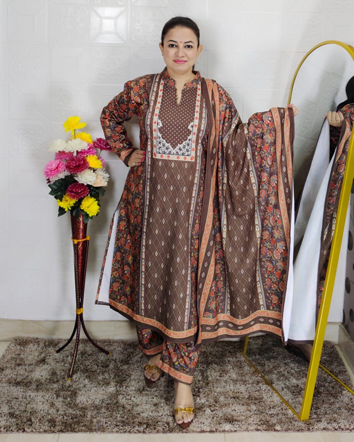 Elegant Karachi woolen printed suit set for women with dupatta – winter ethnic wear in brown floral design