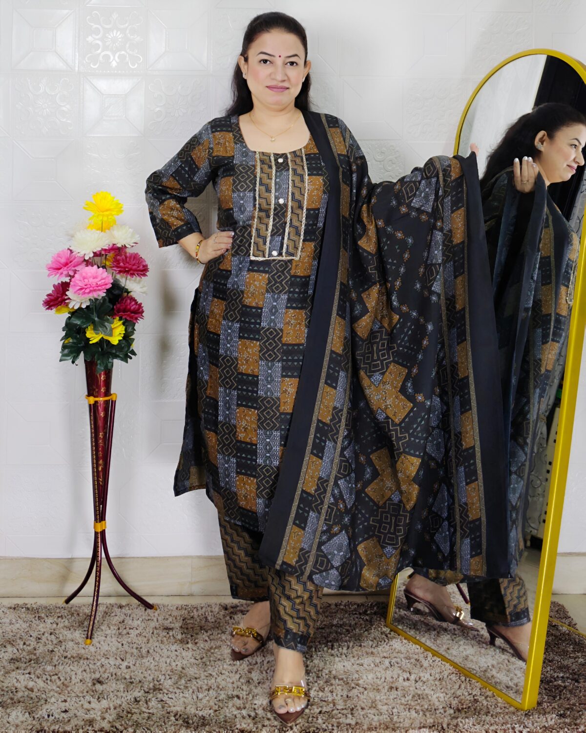Elegant pashmina printed suit set for women with dupatta winter ethnic wear geometric design