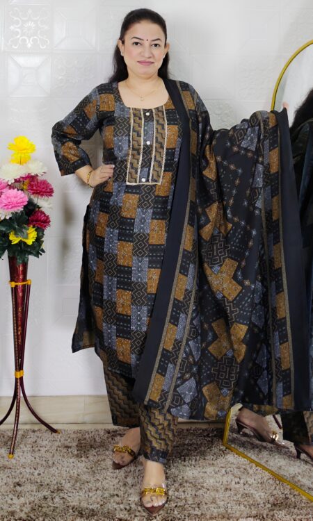 Elegant pashmina printed suit set for women with dupatta winter ethnic wear geometric design