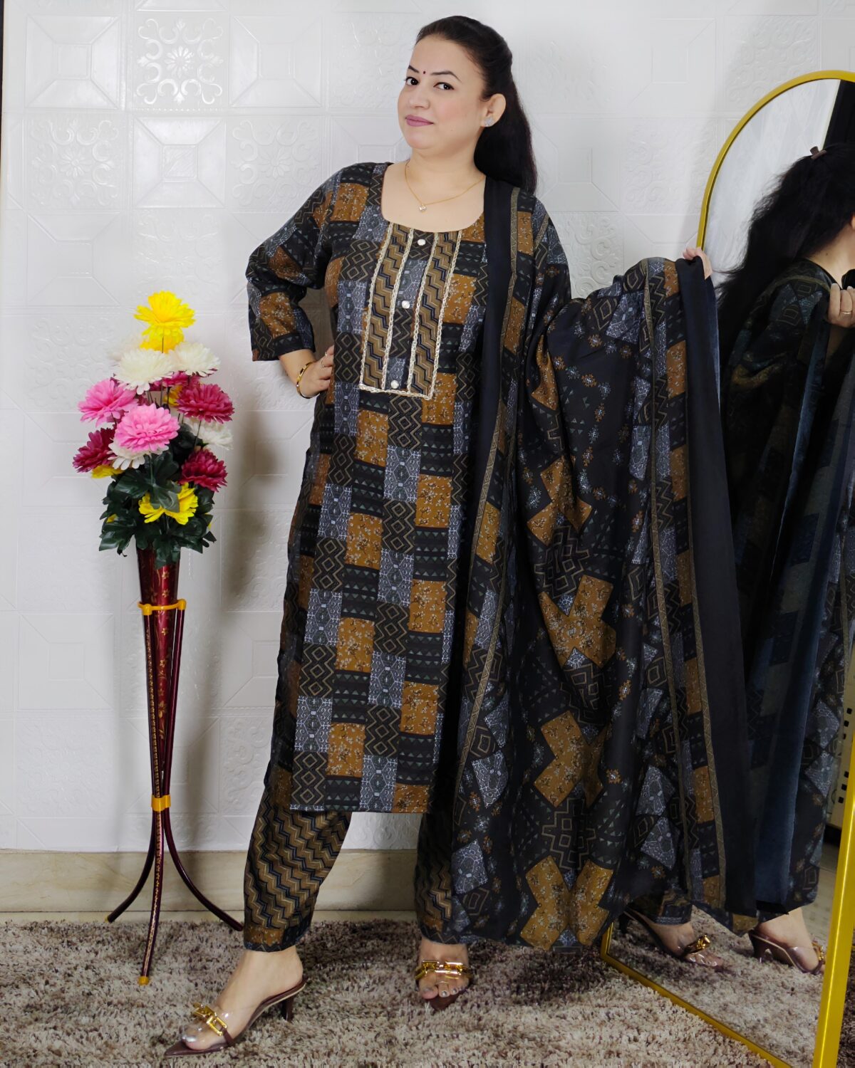 Elegant pashmina printed suit set for women with dupatta winter ethnic wear geometric design