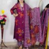 Women wearing purple floral printed pure cotton kurta pant dupatta suit set