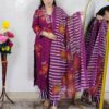 Women wearing purple floral printed pure cotton kurta pant dupatta suit set
