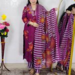 Women Cotton Printed Kurta Pant Dupatta Set – Floral Ethnic Suit Set (Purple)