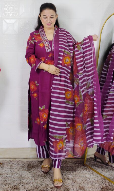 Women wearing purple floral printed pure cotton kurta pant dupatta suit set
