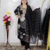 Black floral printed rayon cotton 3 piece suit set for women