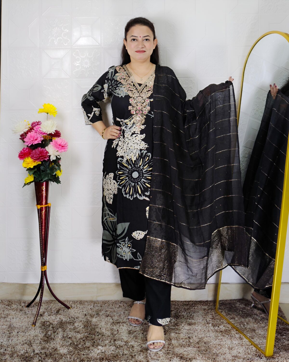 Black floral printed rayon cotton 3 piece suit set for women