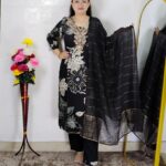 Black Floral Printed 3 Piece Suit – Festive & Party Wear – Rayon Cotton Fabric