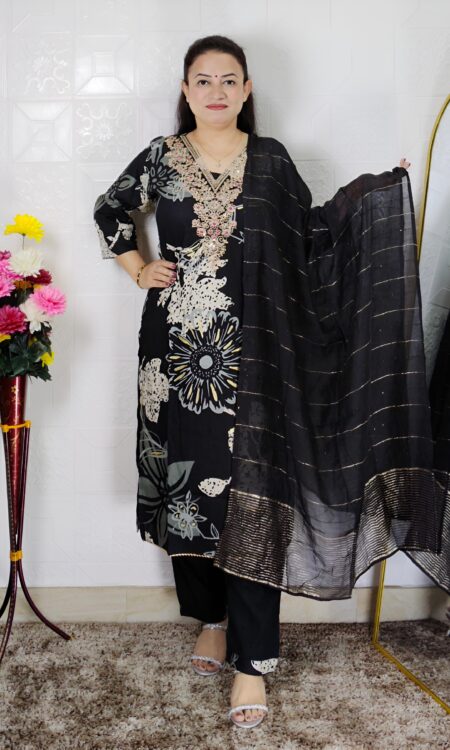 Black floral printed rayon cotton 3 piece suit set for women
