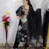 Black floral printed rayon cotton 3 piece suit set for women