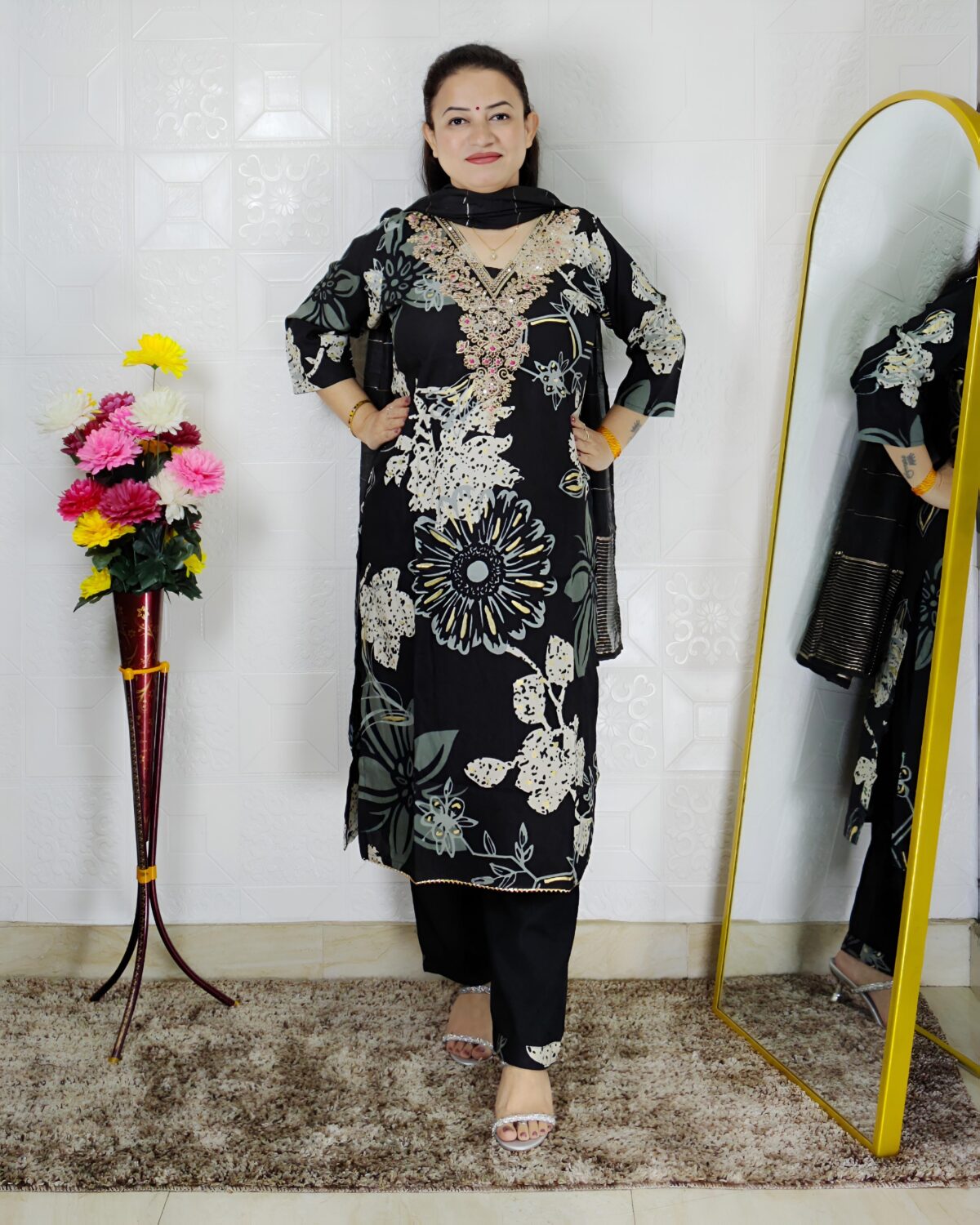 Black floral printed rayon cotton 3 piece suit set for women