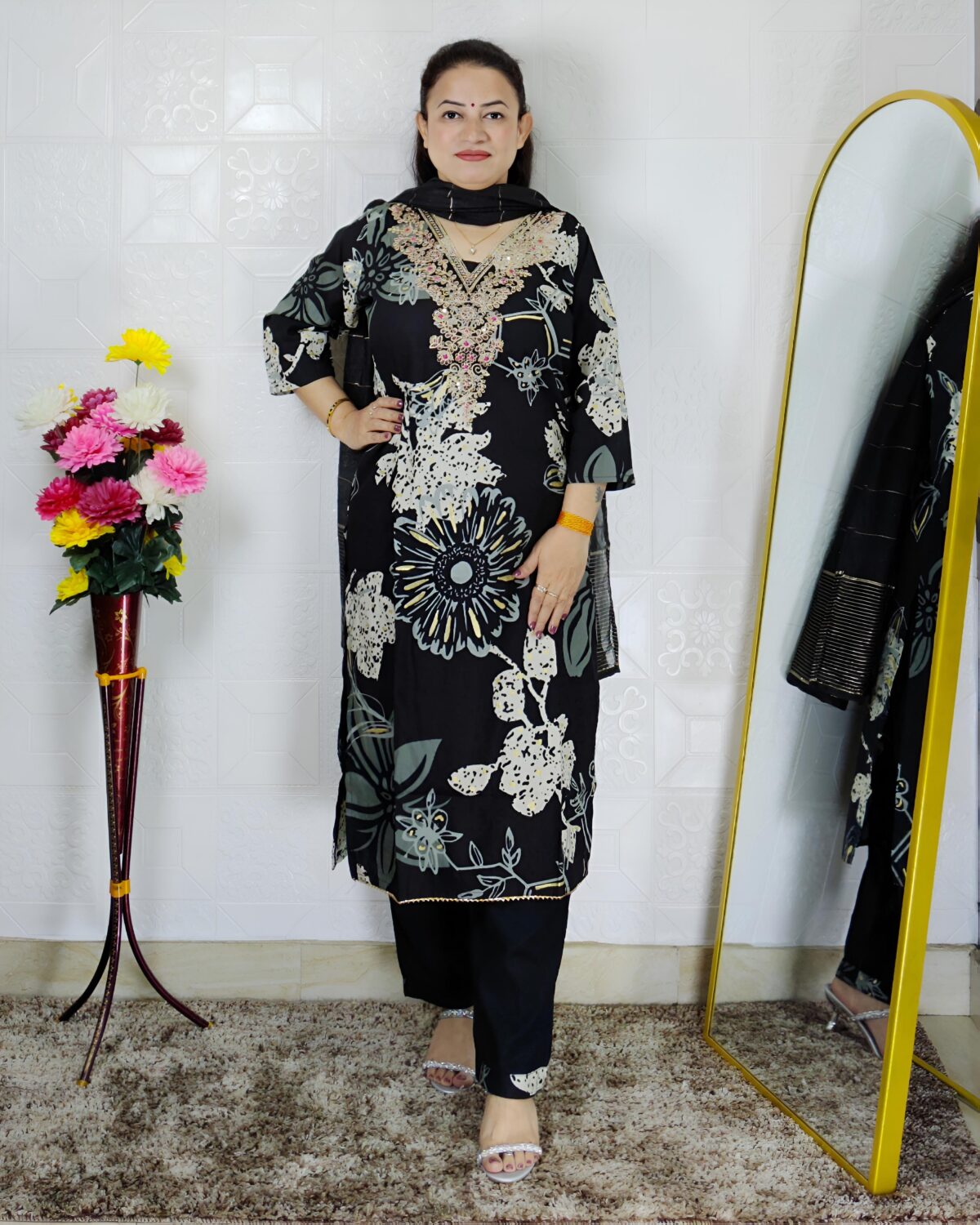 Black floral printed rayon cotton 3 piece suit set for women