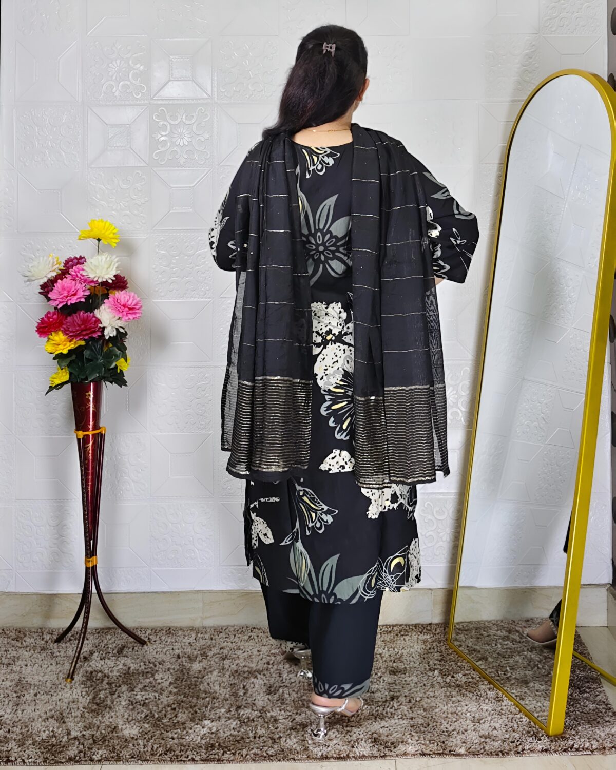Black floral printed rayon cotton 3 piece suit set for women