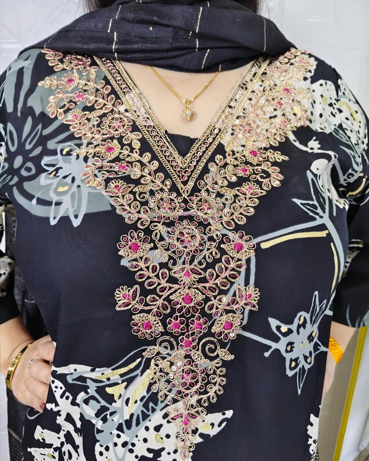 Black floral printed rayon cotton 3 piece suit set for women