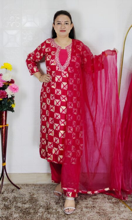 Pink burfi geometric printed rayon cotton 3 piece suit set for women