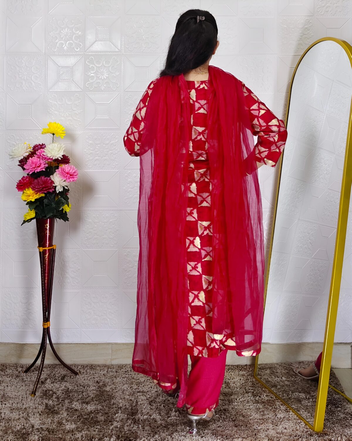 Pink burfi geometric printed rayon cotton 3 piece suit set for women