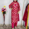 Pink burfi geometric printed rayon cotton 3 piece suit set for women