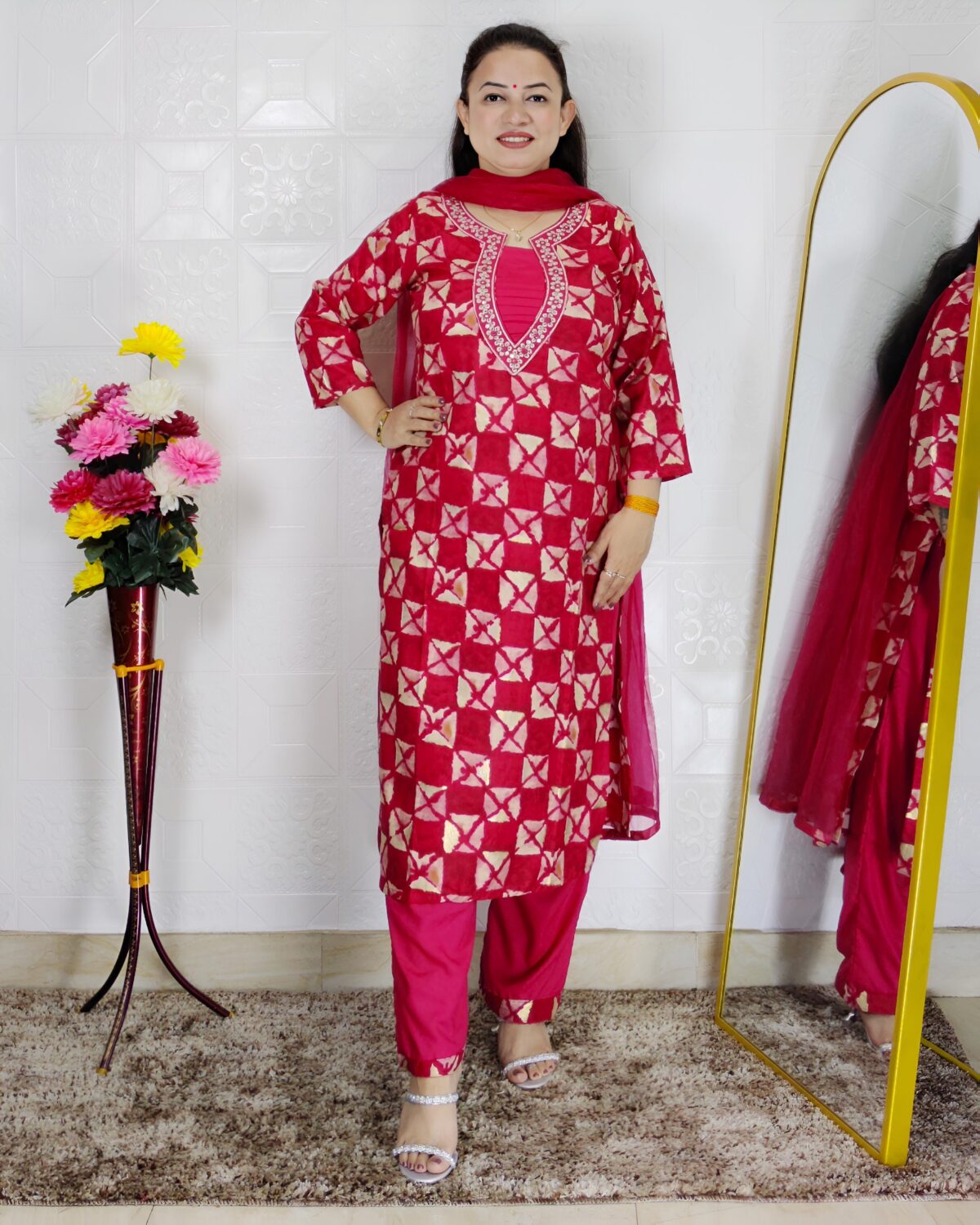 Pink burfi geometric printed rayon cotton 3 piece suit set for women