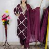 Wine zig zag printed cotton rayon 3 piece suit set for women