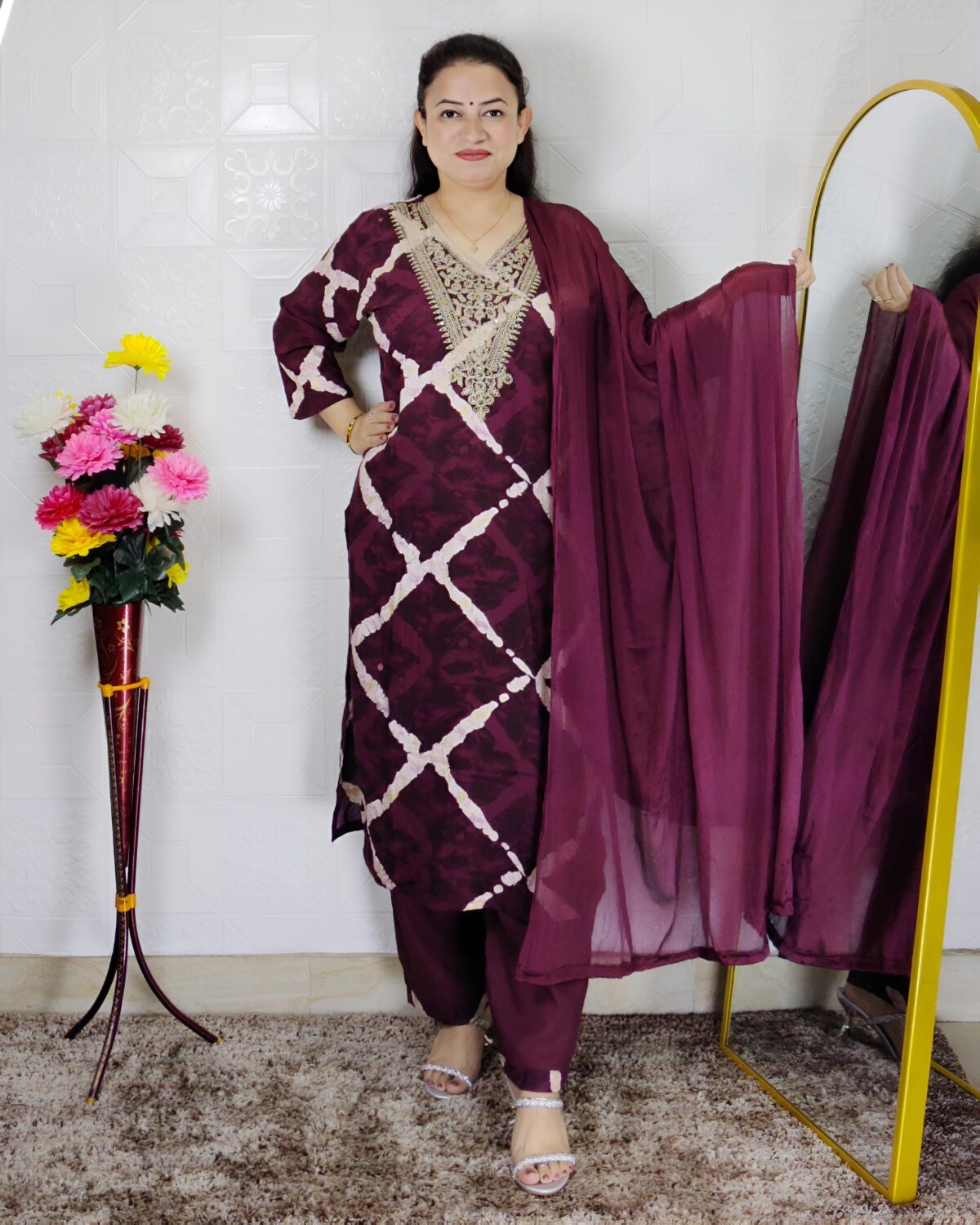 Wine zig zag printed cotton rayon 3 piece suit set for women