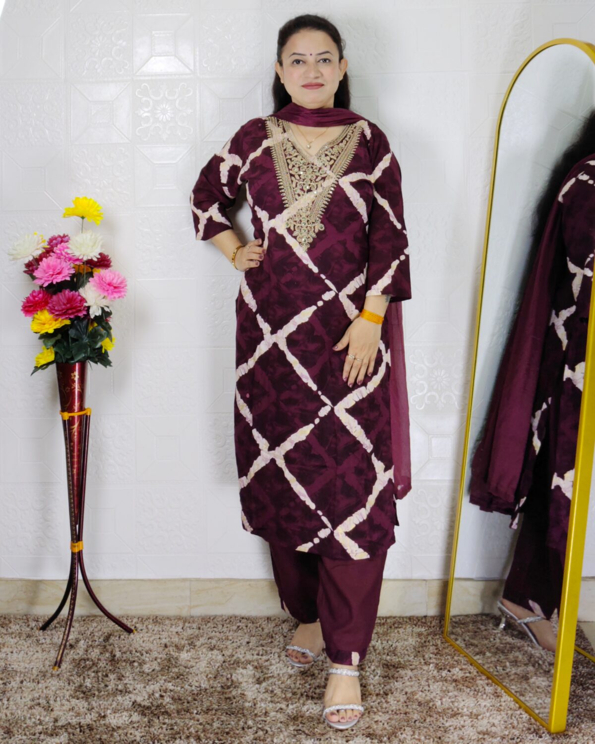 Wine zig zag printed cotton rayon 3 piece suit set for women