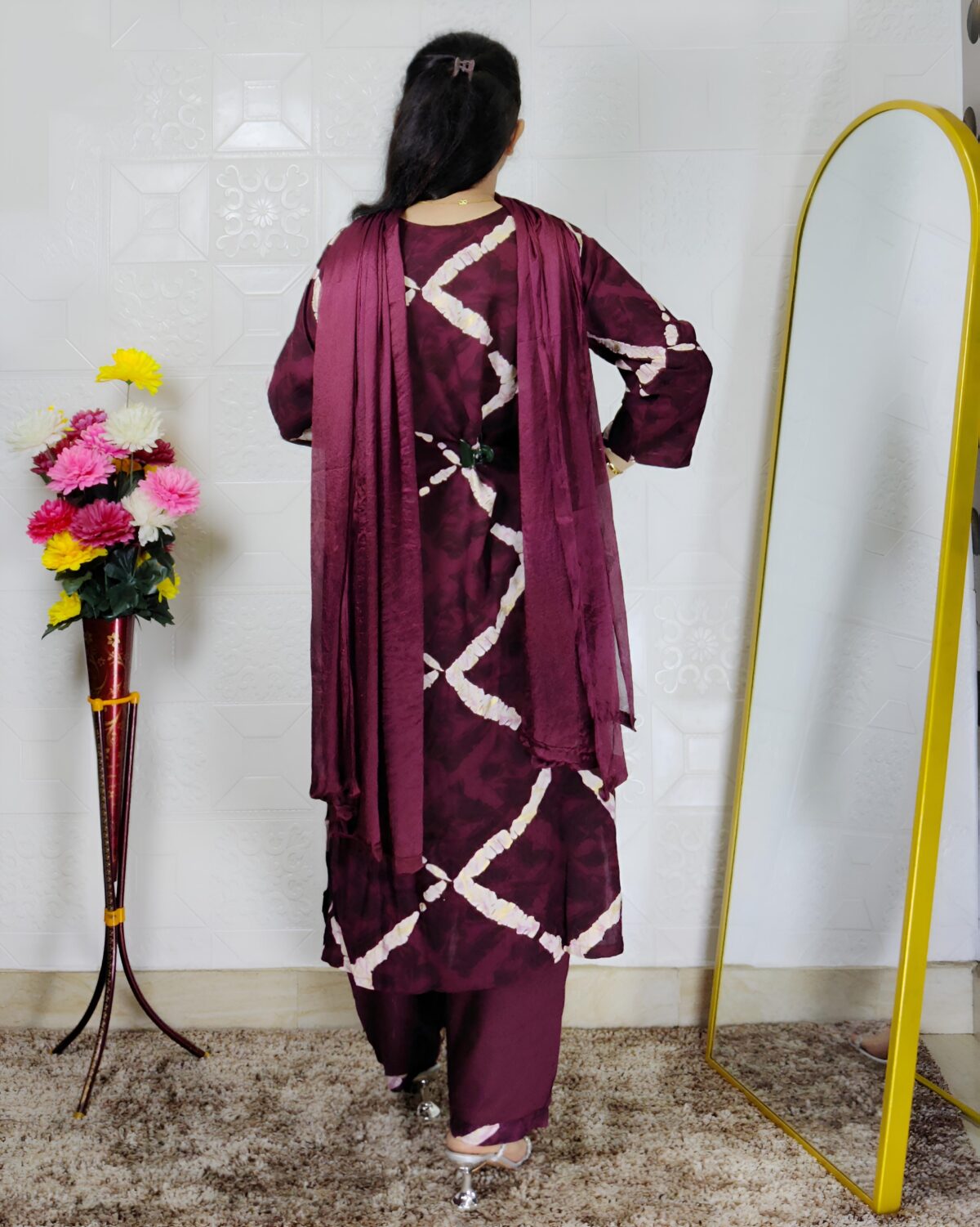 Wine zig zag printed cotton rayon 3 piece suit set for women