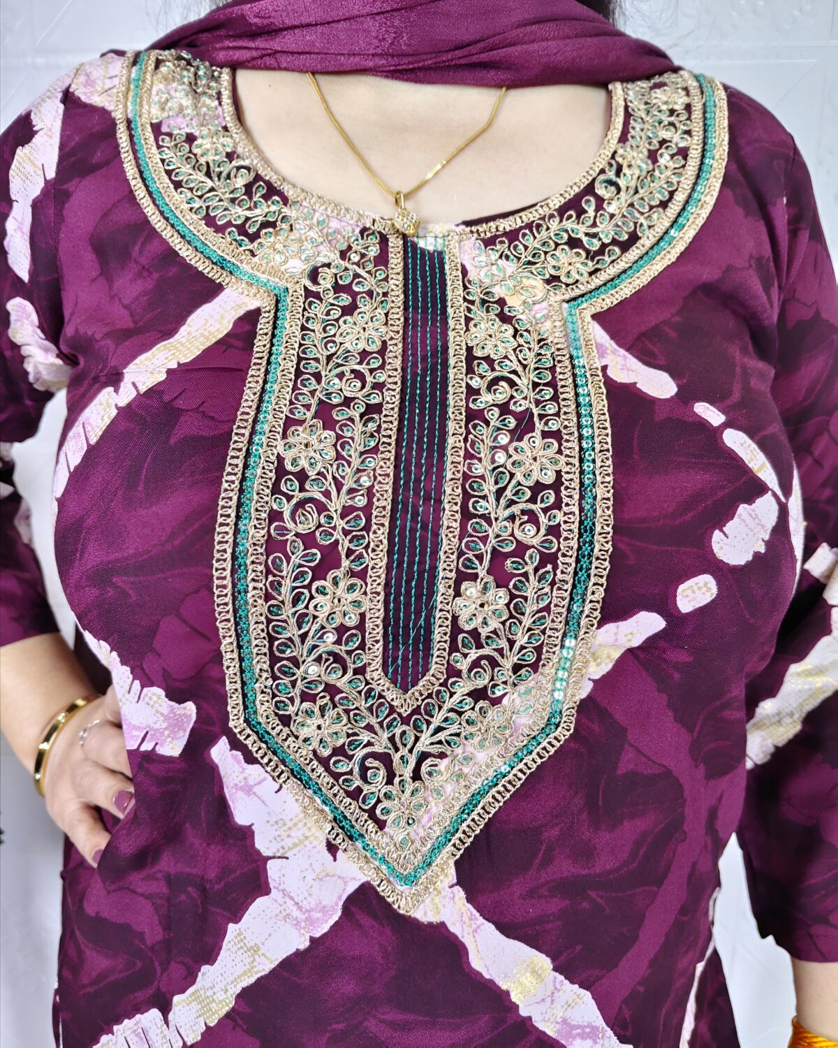 Wine zig zag printed cotton rayon 3 piece suit set for women