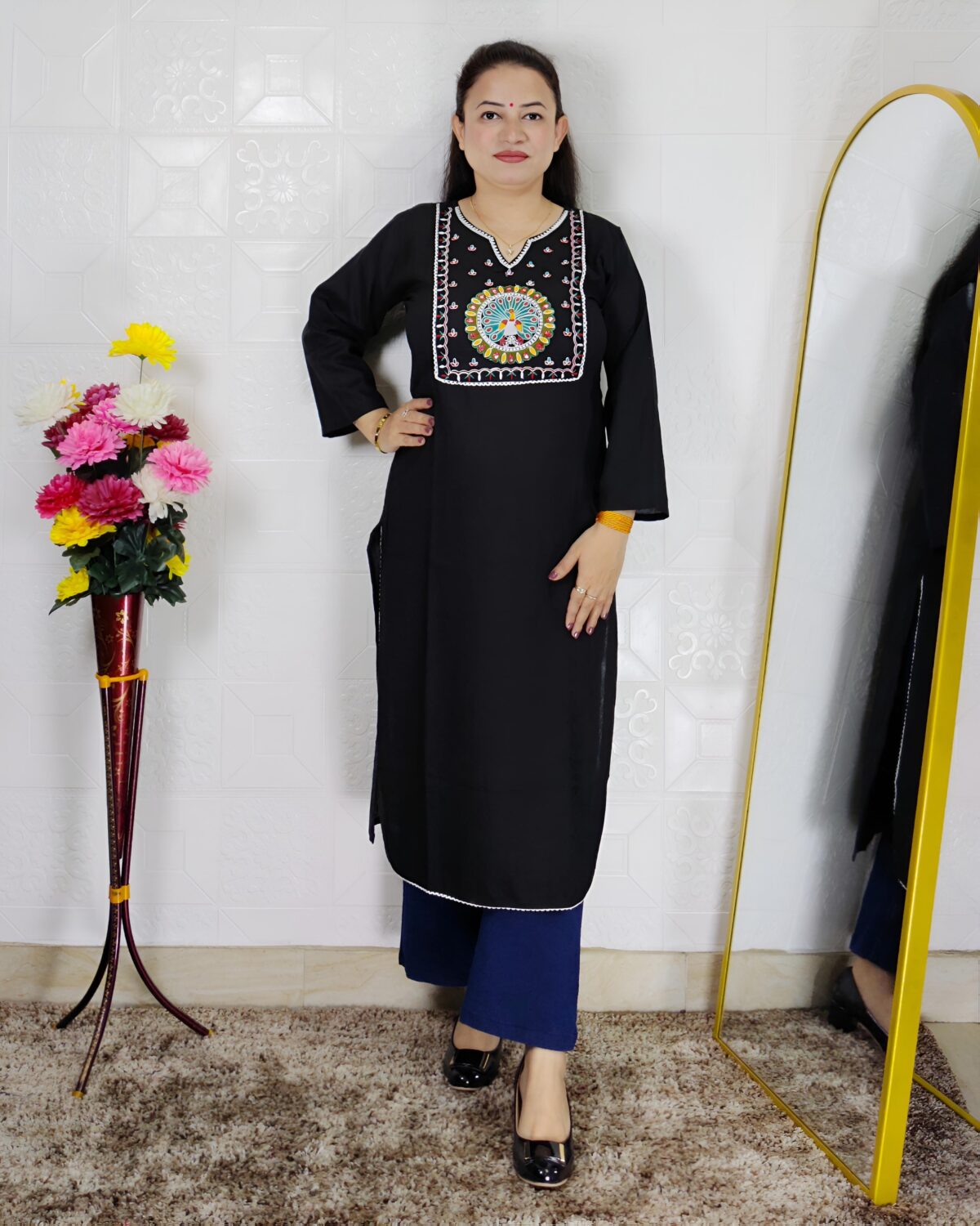 Black peacock embroidered rayon cotton kurti for women