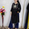 Black peacock embroidered rayon cotton kurti for women