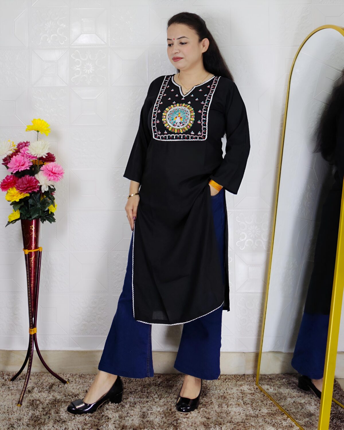 Black peacock embroidered rayon cotton kurti for women