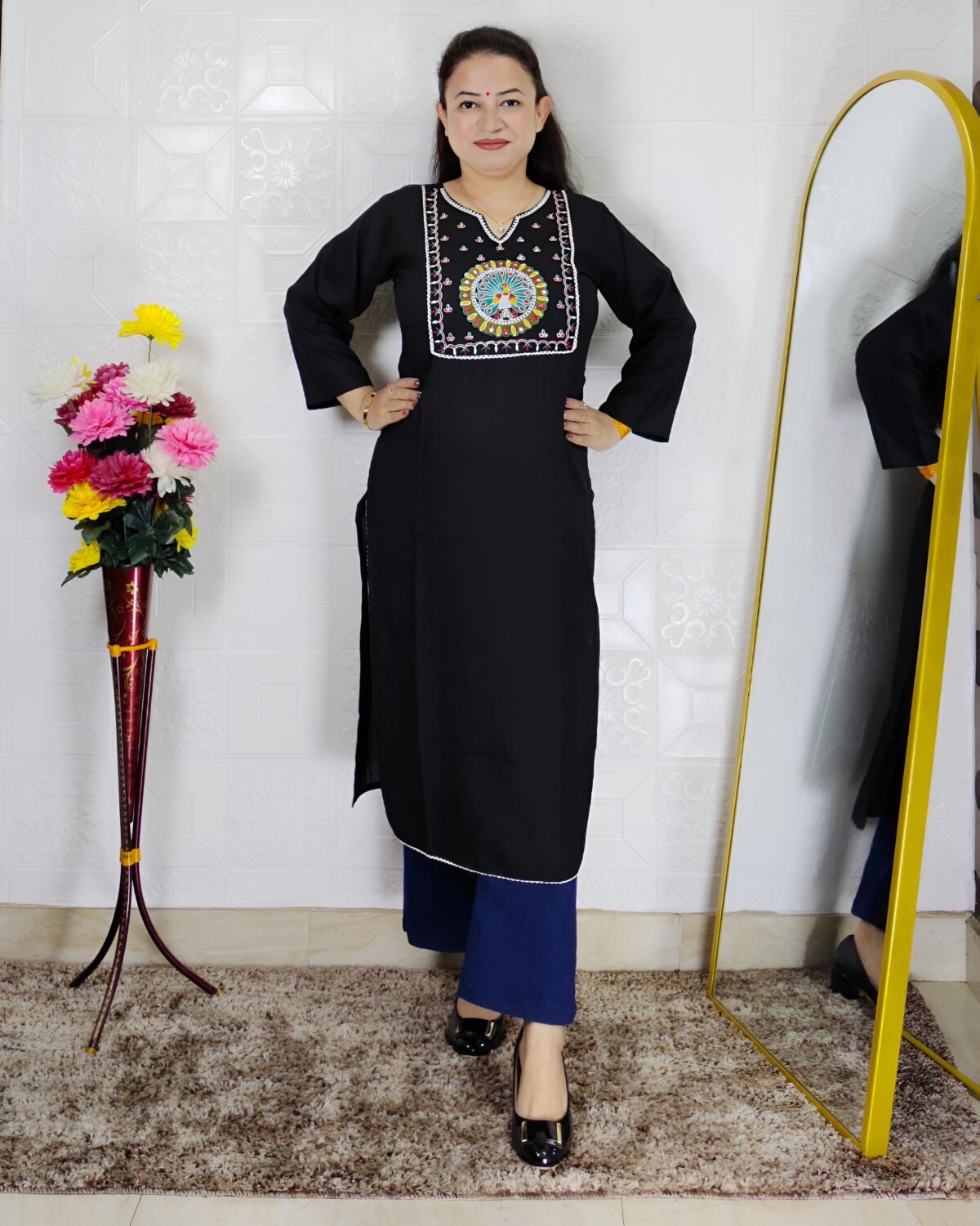 Black peacock embroidered rayon cotton kurti for women