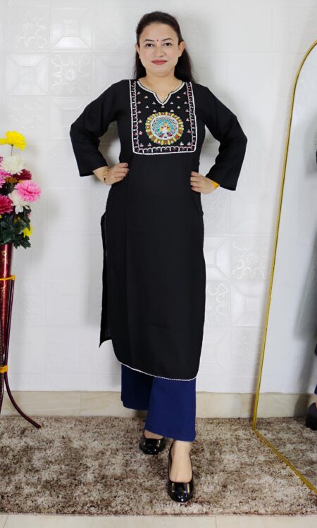 Black peacock embroidered rayon cotton kurti for women