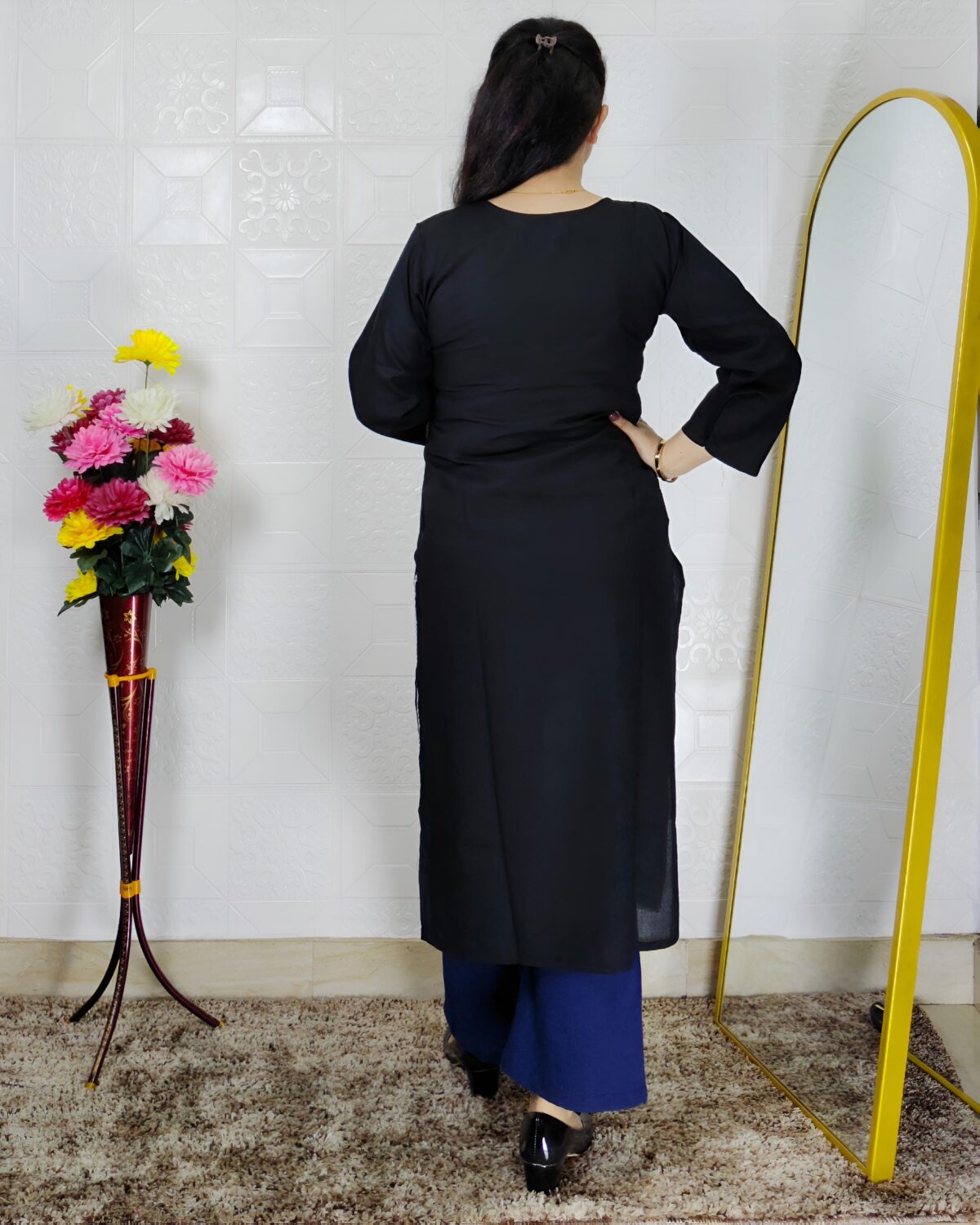 Black peacock embroidered rayon cotton kurti for women